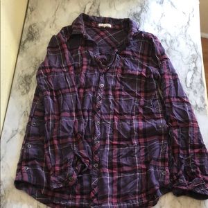 Button down purple plaid shirt.